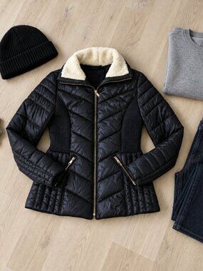 ✨LA Coalition Black Quilted Puffer Jacket Gold Zip Sherpa Collar Plaid Lined S✨